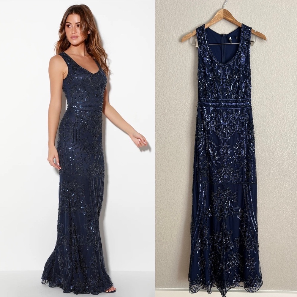 NWOT Lulus Dramatic Entrance Navy Blue Sequin Maxi
